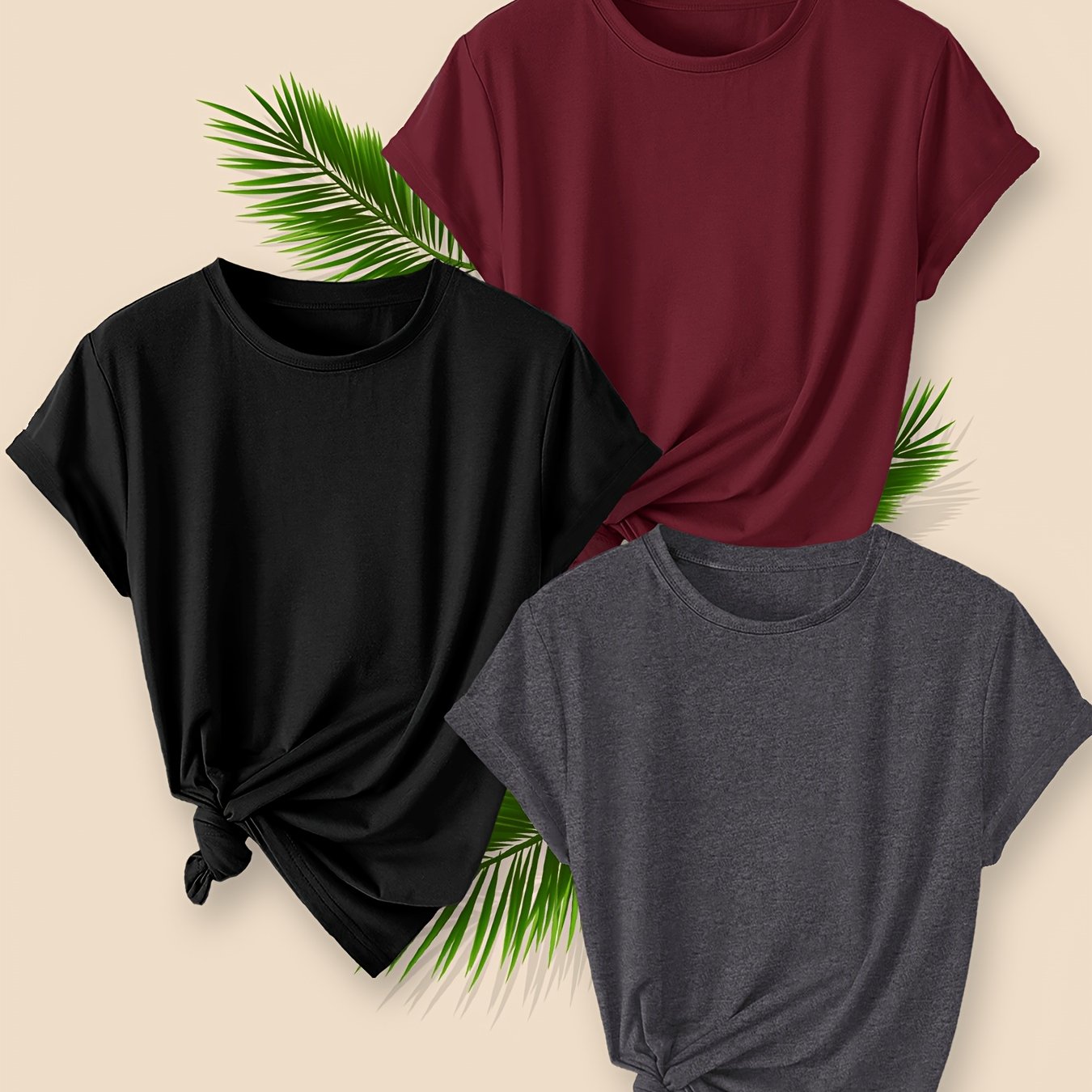 Image of Summer New Arrival Versatile Solid Color Short Sleeve T-shirt, Dark Gray With Black And Dark Red, Three-pack