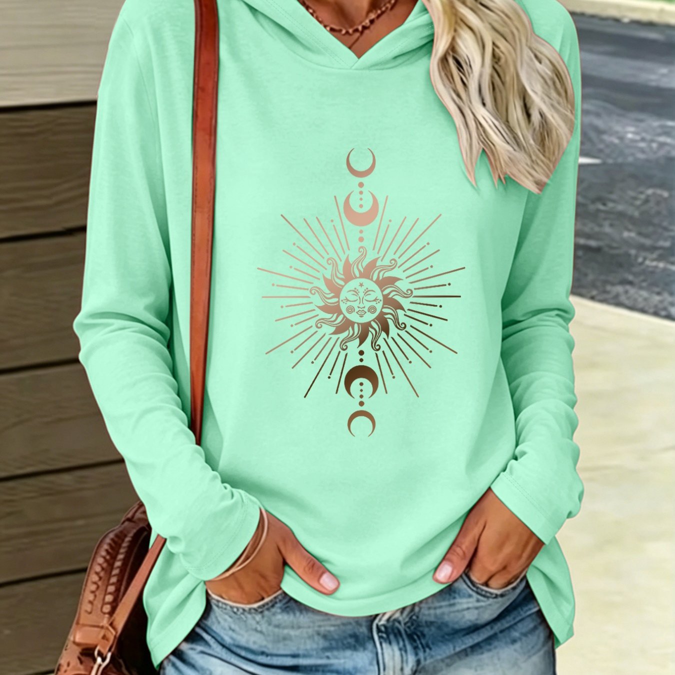 TEMU 1pc Long Sleeve Hooded Sun And Moon Loose Fit Summer New Y2k Style Women's Casual Sportswear Elegant, Fashionable, And Comfortable T-shirt Top