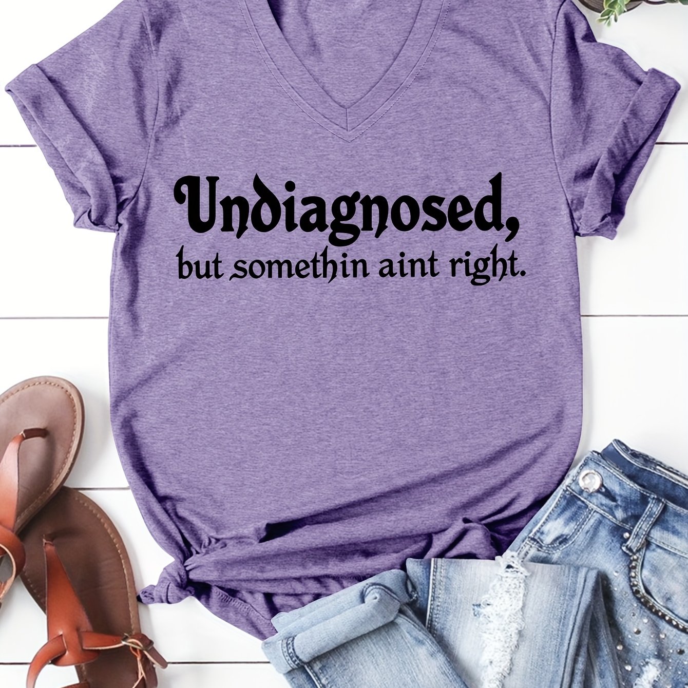 TEMU Unoiagnosed But Somethin In-stock European And American Versatile Letter Women's V-neck T-shirt