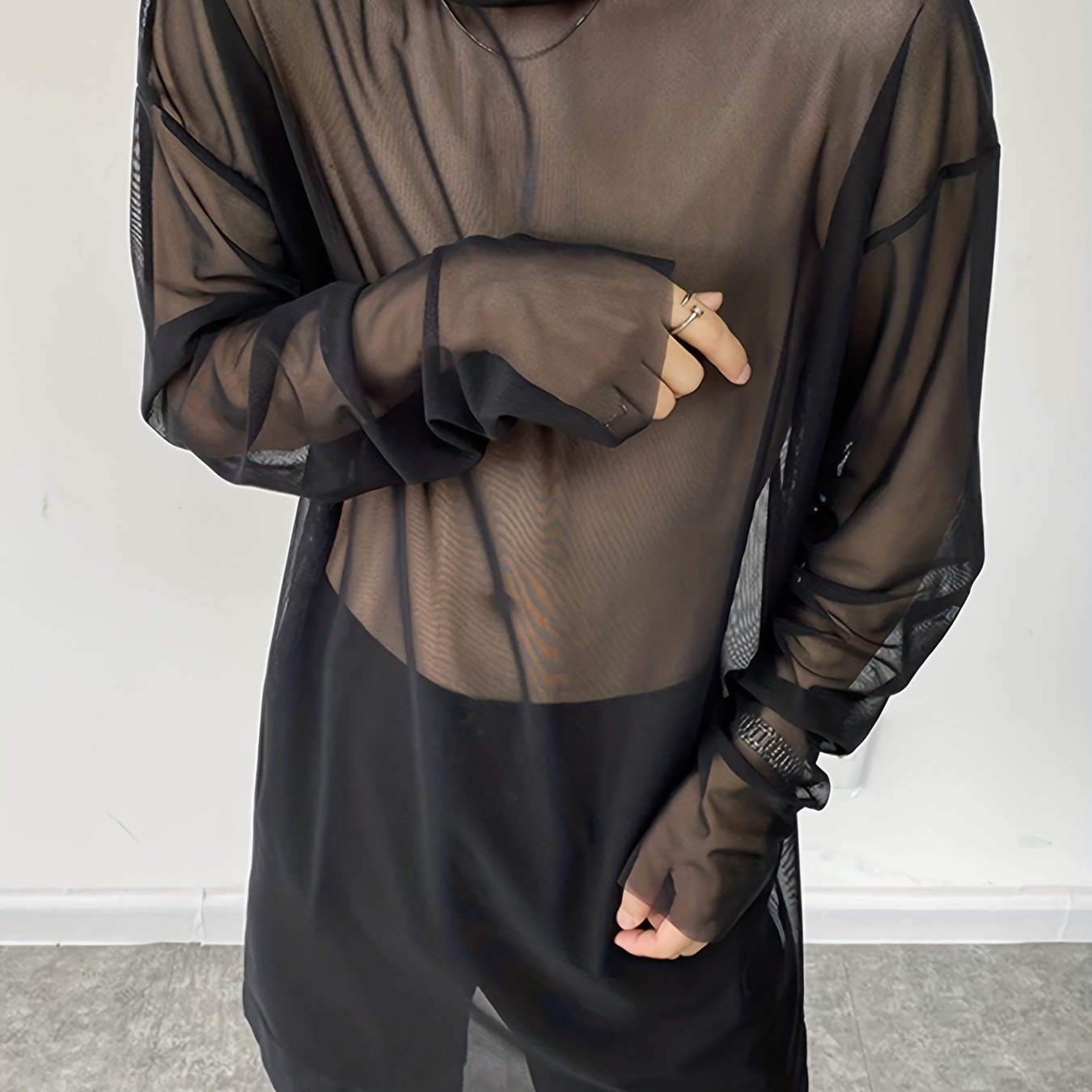 Men's Sheer Mesh Long Sleeve T Shirt High Neck Loose Sexy - Temu