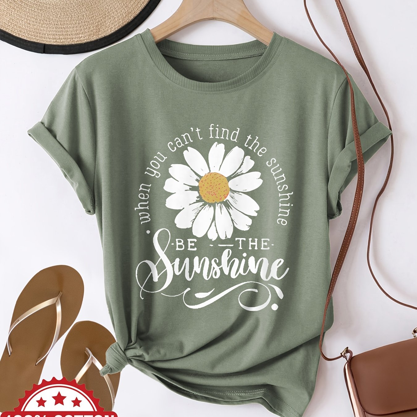 Image of Women's Casual Short Sleeve Crew Neck T-shirt - Black With White Daisy & Inspirational Quote Graphic Print,, Machine Washable, , Ladies T Shirts, Everyday Clothing, Decorative Font Style