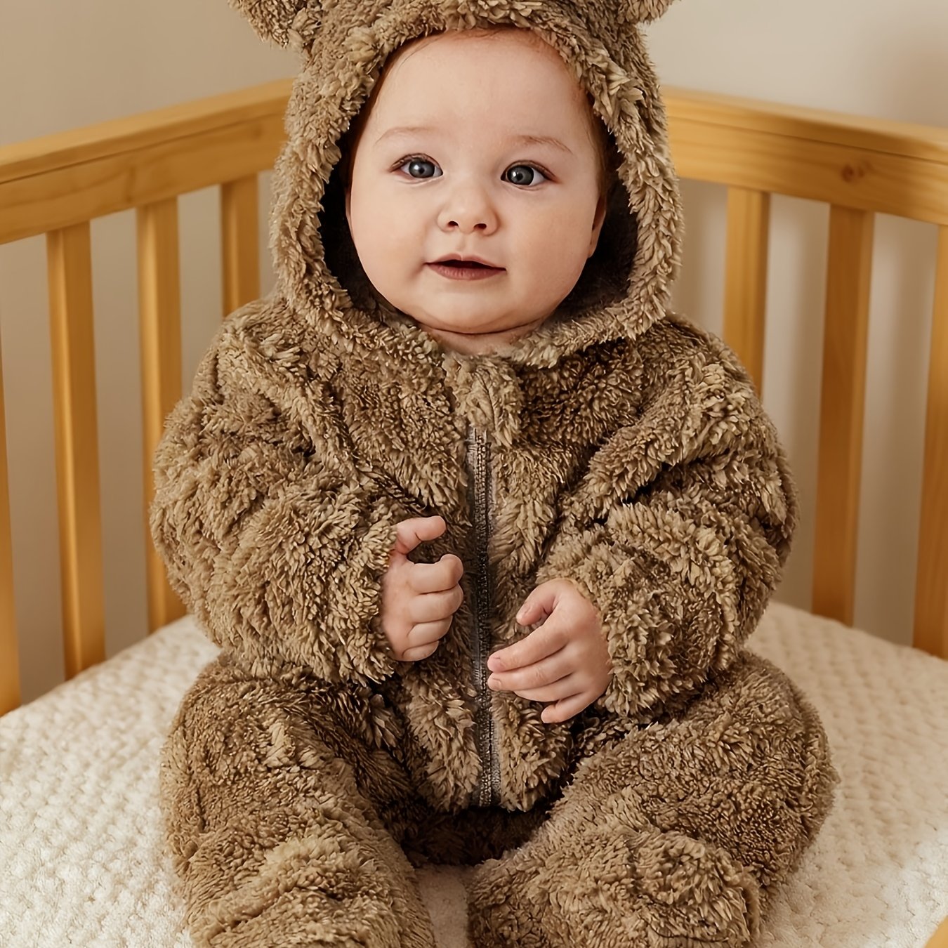 Image of Newborn Baby Boy Cute Cartoon Print Fleece Hooded Footie Romper, Suitable For Autumn Winter Season, Indoor And Outdoor Wear, For Outdoor