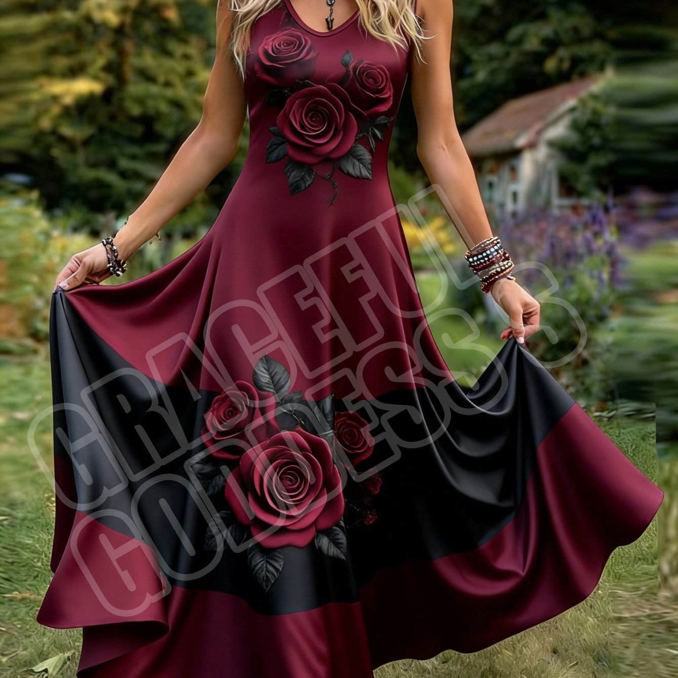Image of Women's Retro Style Sleeveless Dress With Floral Print, Pastoral V-neck A-line Maxi Skirt. Machine Washable, Perfect For Daily Wear And Travel
