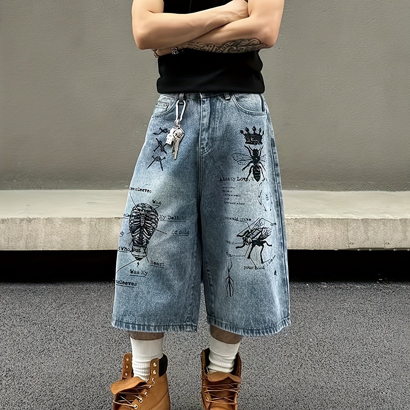 TEMU Men's Streetwear Shorts - Loose Fit Straight Leg Non-stretch Denim-like Capri Pants With Insect Graffiti (bugs), Mid-thigh Length For Casual