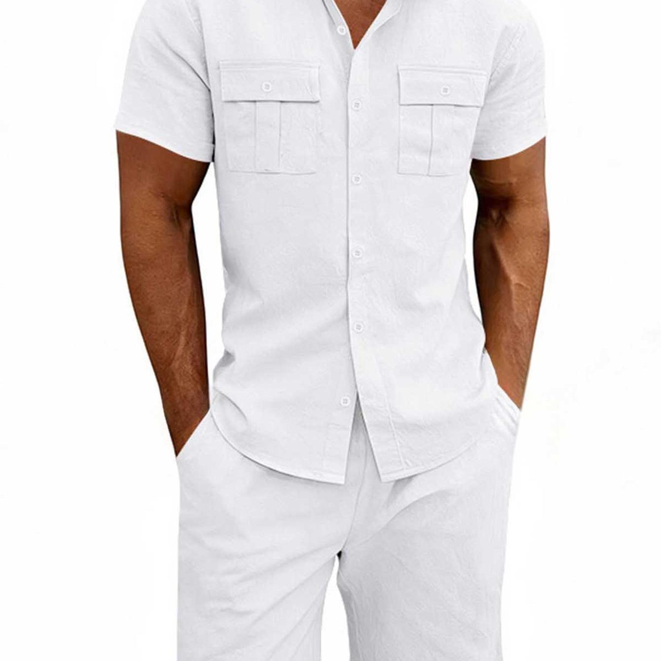 Men' Color Button-front Shirt & Elastic Waist Shorts Suit - Collar Short Sleeve Matching Outfit Bandage Waistband, Machine Washable Spring/fall Casual Wear For Uniforms, Events, Everyday (regular Fit)