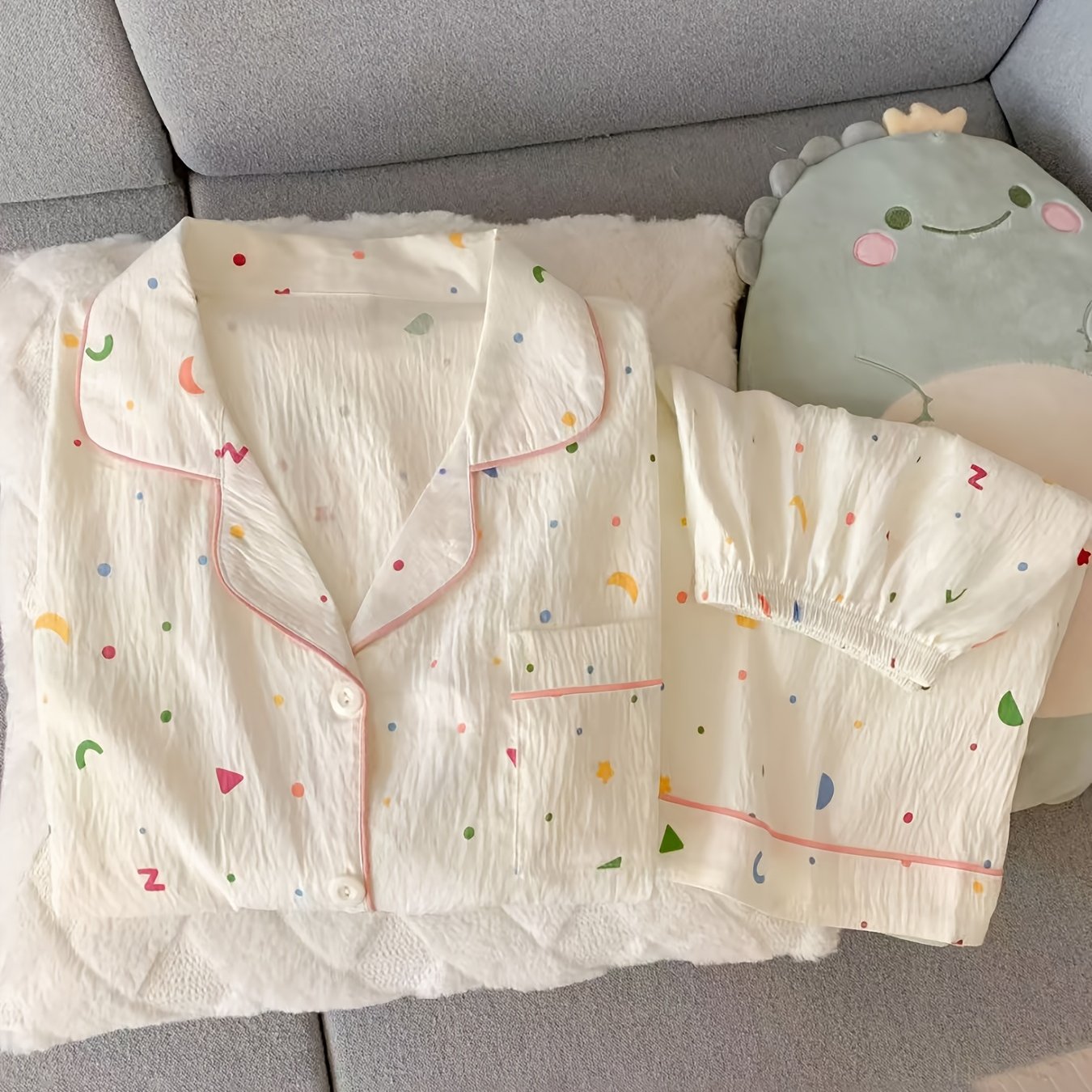 TEMU 스타 폴카 도트 프린트 여성용 반팔 라펠 가디건 파자마 세트, 여름 버튼업 탑 및 반바지, 부드럽고 편안한 캐주얼 아시아 사이즈 홈웨어
