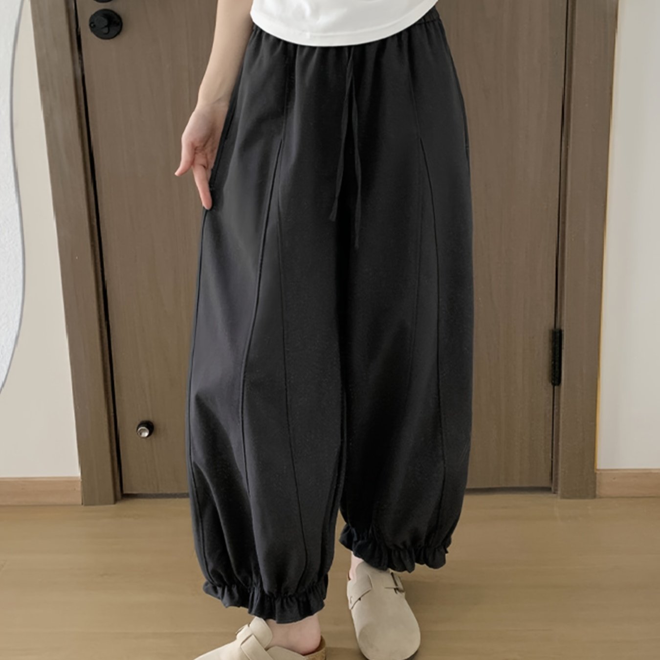 TEMU 【商品名】レディース 大人向け かわいい バルーン ワイドレッグパンツ、フリル裾 コーコン ハレムパンツ、ルーズで快適なカジュアル フルレングス フィギュアを際立たせるブラウントラウザーズ