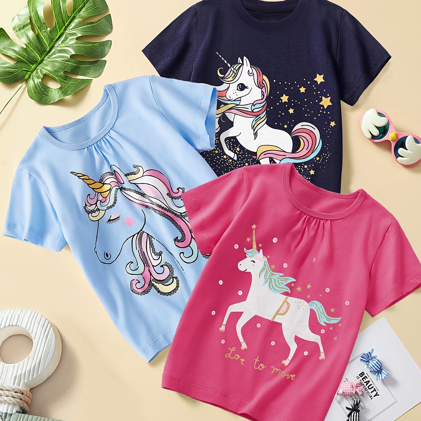 Image of Girls' Casual 3pcs Short Sleeve T-shirt Set With Cartoon Unicorn Print, Breathable Summer Fashion