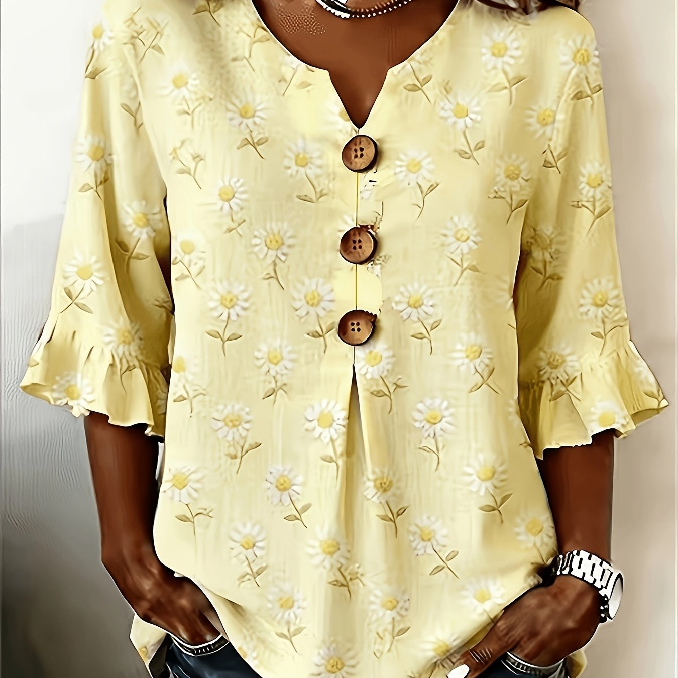 TEMU Plus Size - Plus Size - Women's Floral V-neck Short Sleeve Printed Retro Spring Summer Casual Top