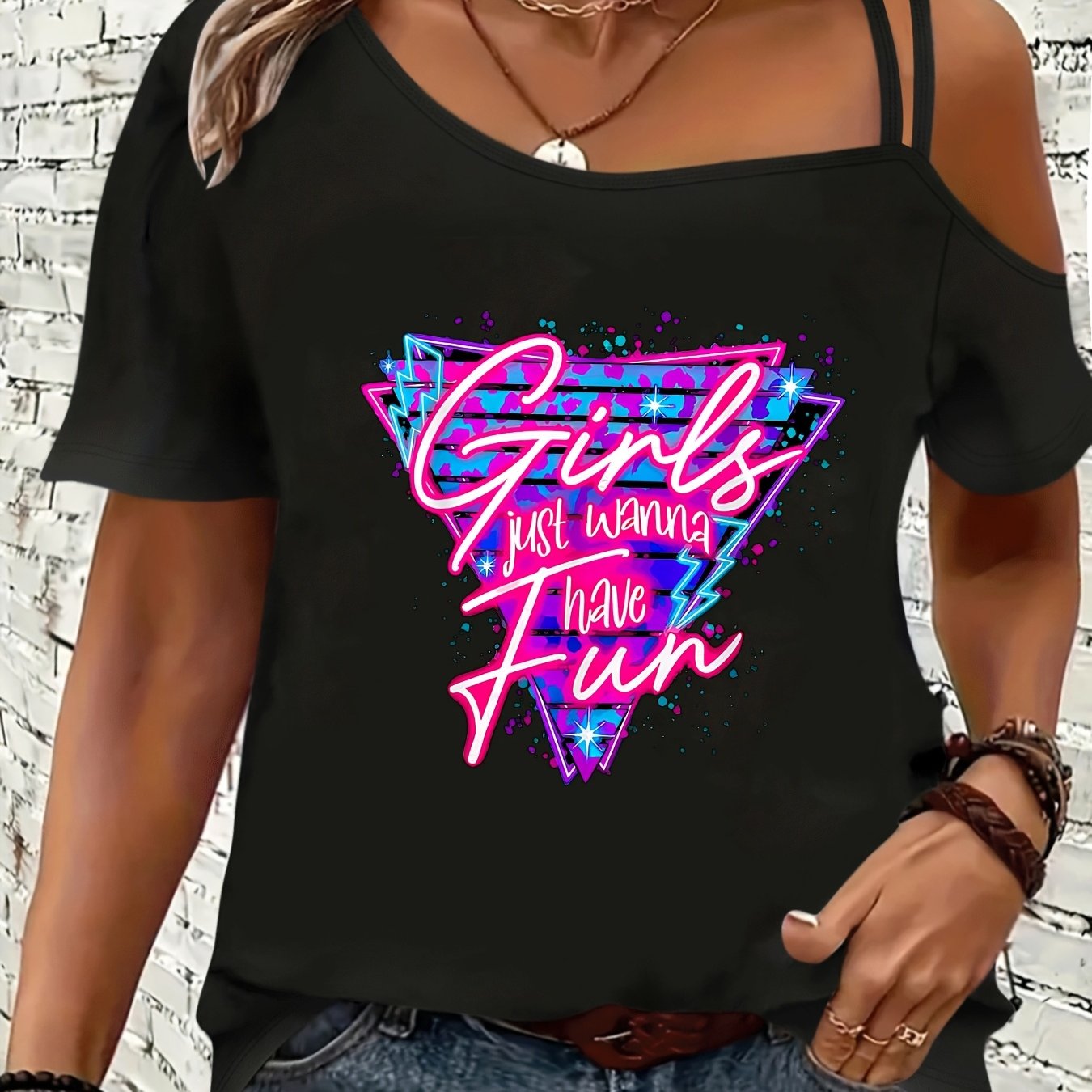 TEMU Colorful Laser Letter Triangle Comfortable And Stylish Pattern Print Short Sleeve, Cute Loose Fit Casual Off-the-shoulder Camisole Top Suitable