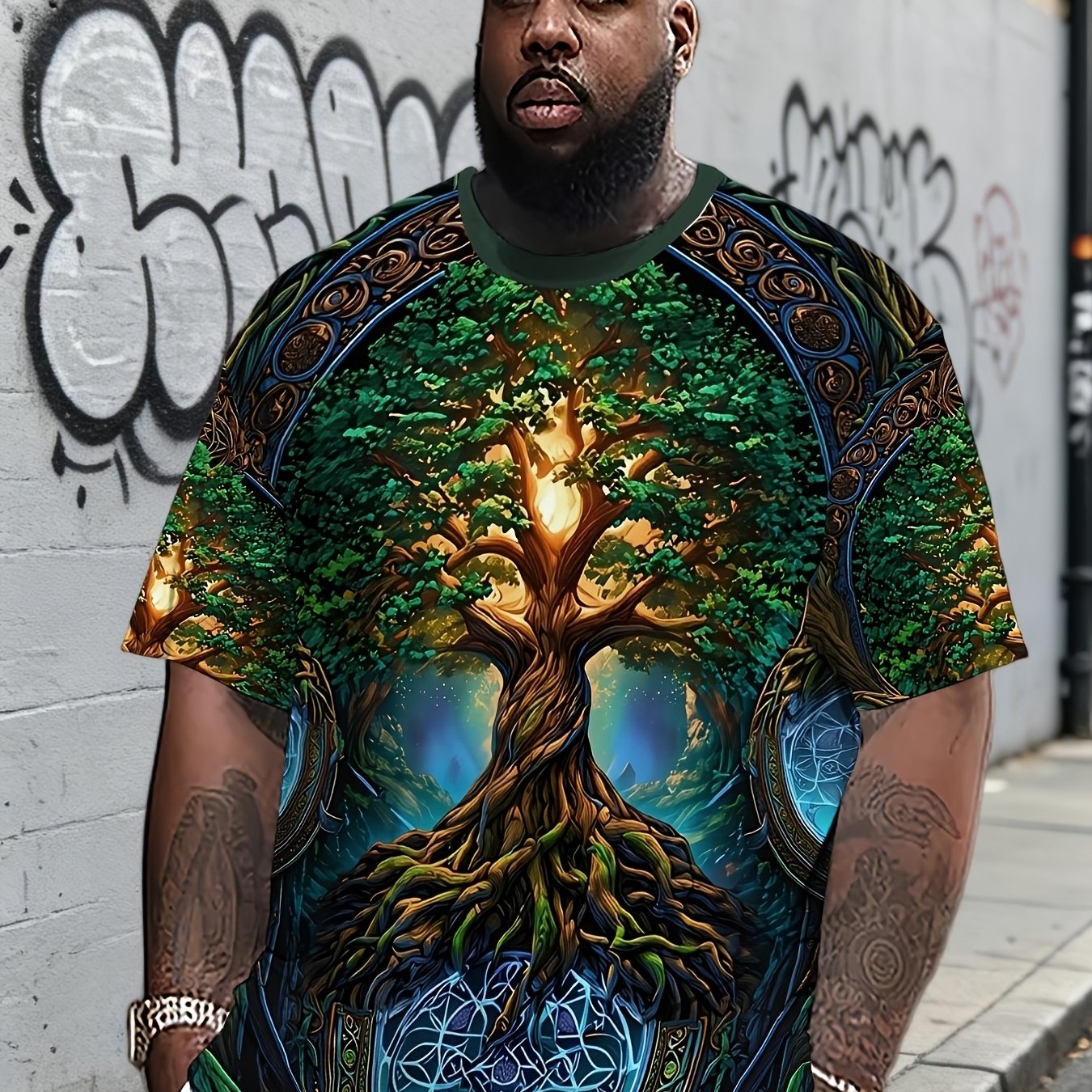 TEMU Print Design â Not Textured (no Additions), Men's Loose Nature Lover T-shirt, Tree Of Life And Celtic Symbols Print, , Plus Size