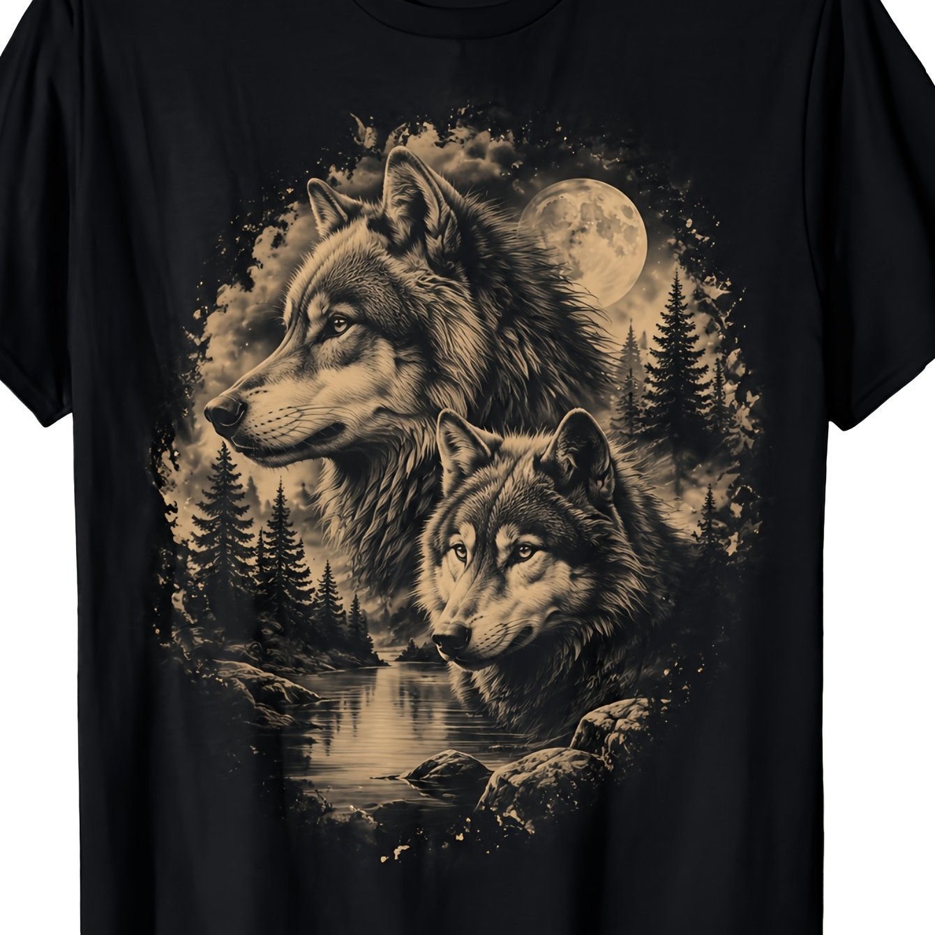 Image of Men's Wolf & Night Forest T-shirt - Short Sleeve Crew Neck Casual Streetwear With Wolf Print, Suitable For Daily Wear, Summer Outfits,, Camping - Machine Washable Non- Tee For (regular Fit)