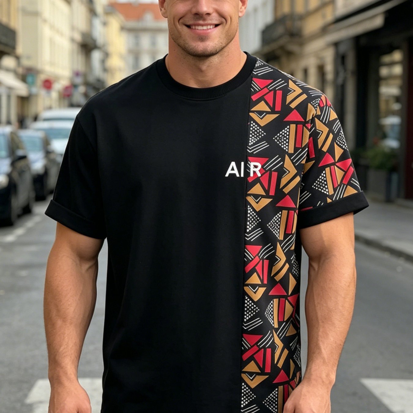 TEMU [print Design-not Textured] Asymmetrical Geometric Print T-shirt, Contrast Triangle Pattern Short Sleeve, Street Style Top, Trendy , Plus Size