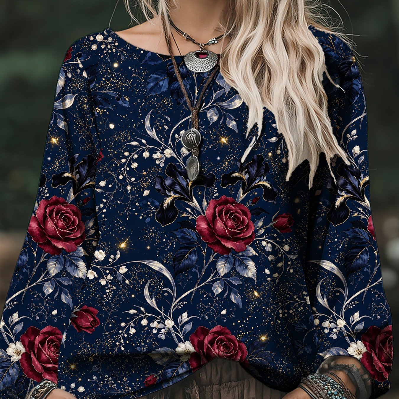 TEMU Plus Size - 2026 New Plus Size Loose Long Sleeve Top, Burgundy Glitter Leaf Pattern Print Round Neck Blouse, Light Luxury Retro Floral Women's