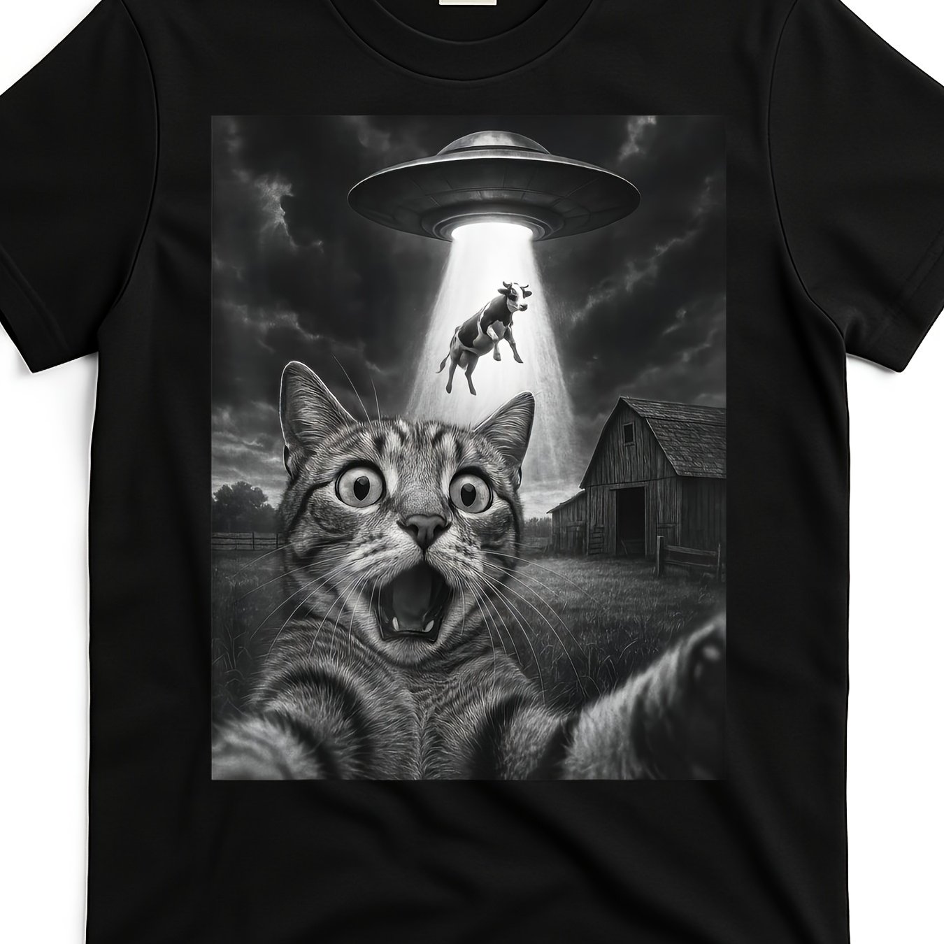 TEMU Funny Cat Selfie With & Cow Ufo Graphic T Shirt Humorous Novelty Design Unisex Relaxed Neck Short Sleeve Tee For Casual Streetwear With -unisex