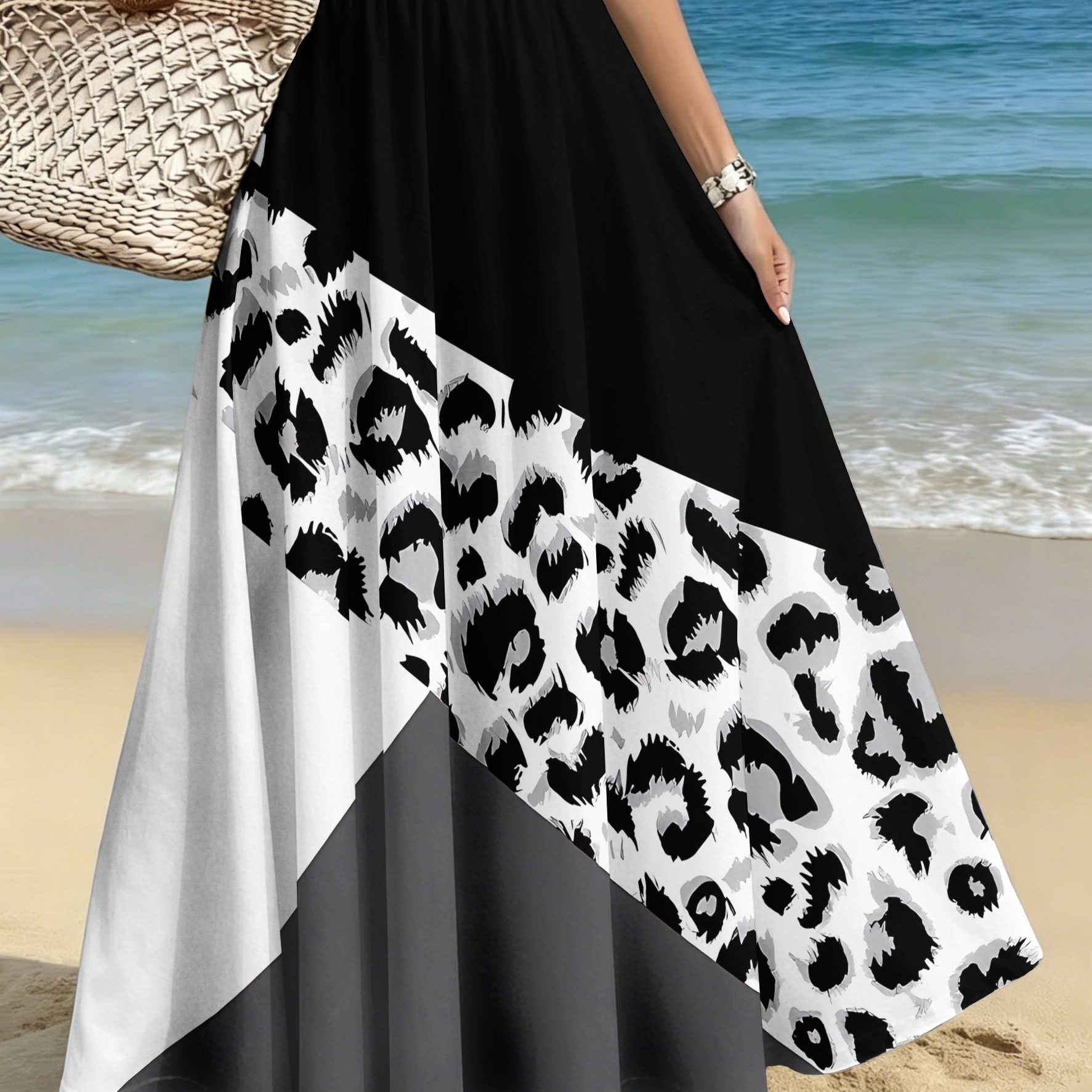 TEMU Plus-size Women's Elegant And Stylish Midi Skirt, Casual Printed Midi Dress, Leopard Print With Contrasting Geometric Pattern, Skirt For