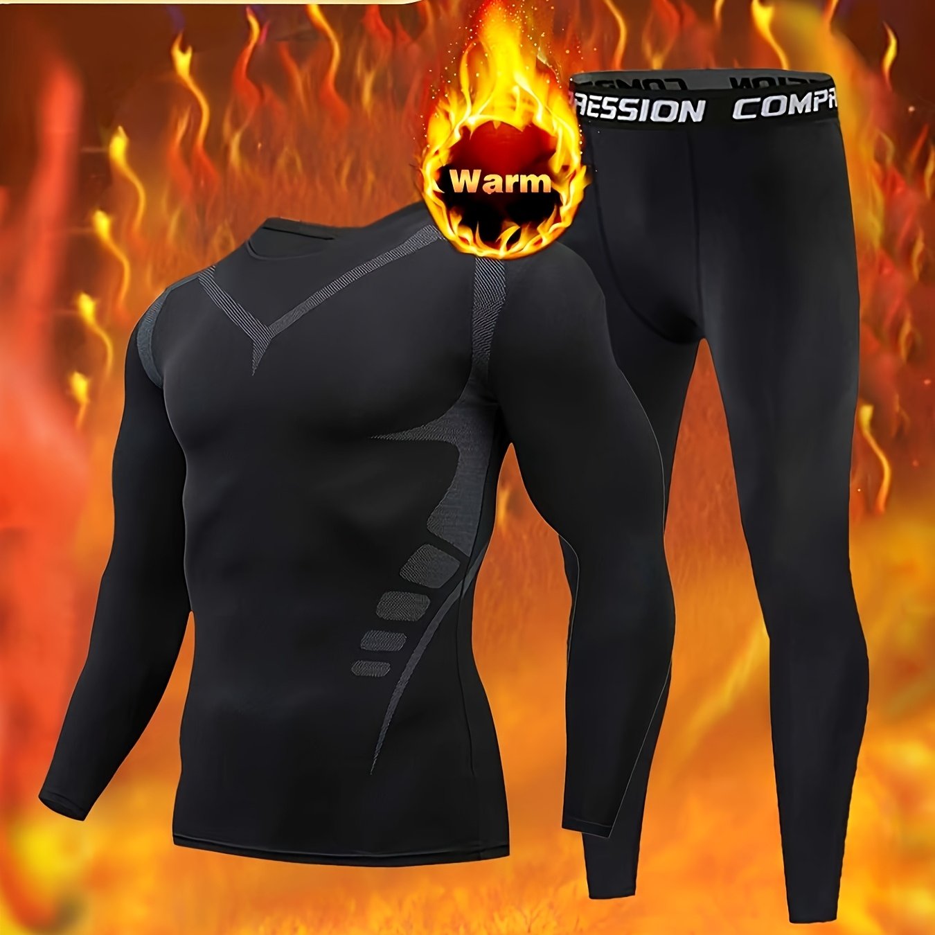 TEMU 2pcs Men's Fleece-lined Thermal Underwear Set Long Sleeve Crew Neck Top Pants. Fashion Slim- Layer For Autumn/winter. High-elastic Tight Sports