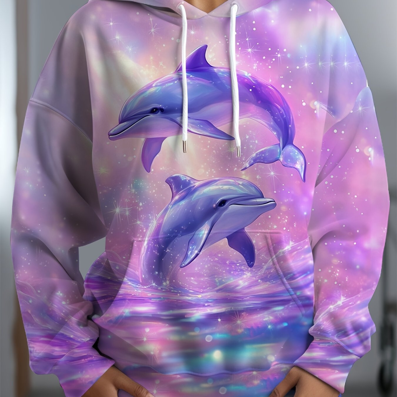TEMU Plus Size, Plus Size - Plus Size - Plus Size Women's Hooded Sweatshirt - Glowing Dolphin & Print, Pastel Purple & Pink For Galaxy Design, Cozy