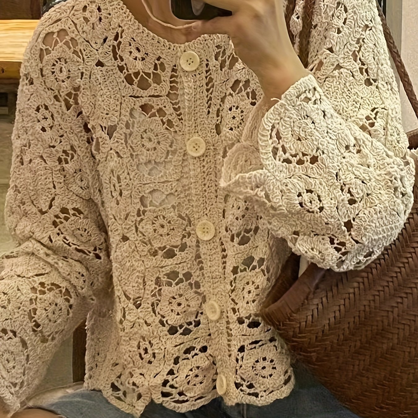 E-shop Plus Size - Plus Size - 1 Stück Einfarbige Strickjacke Damenjacke, Hohles Rundhals Ein-Knopf-Design, Strand Urlaubsreise Freizeit Ausflug