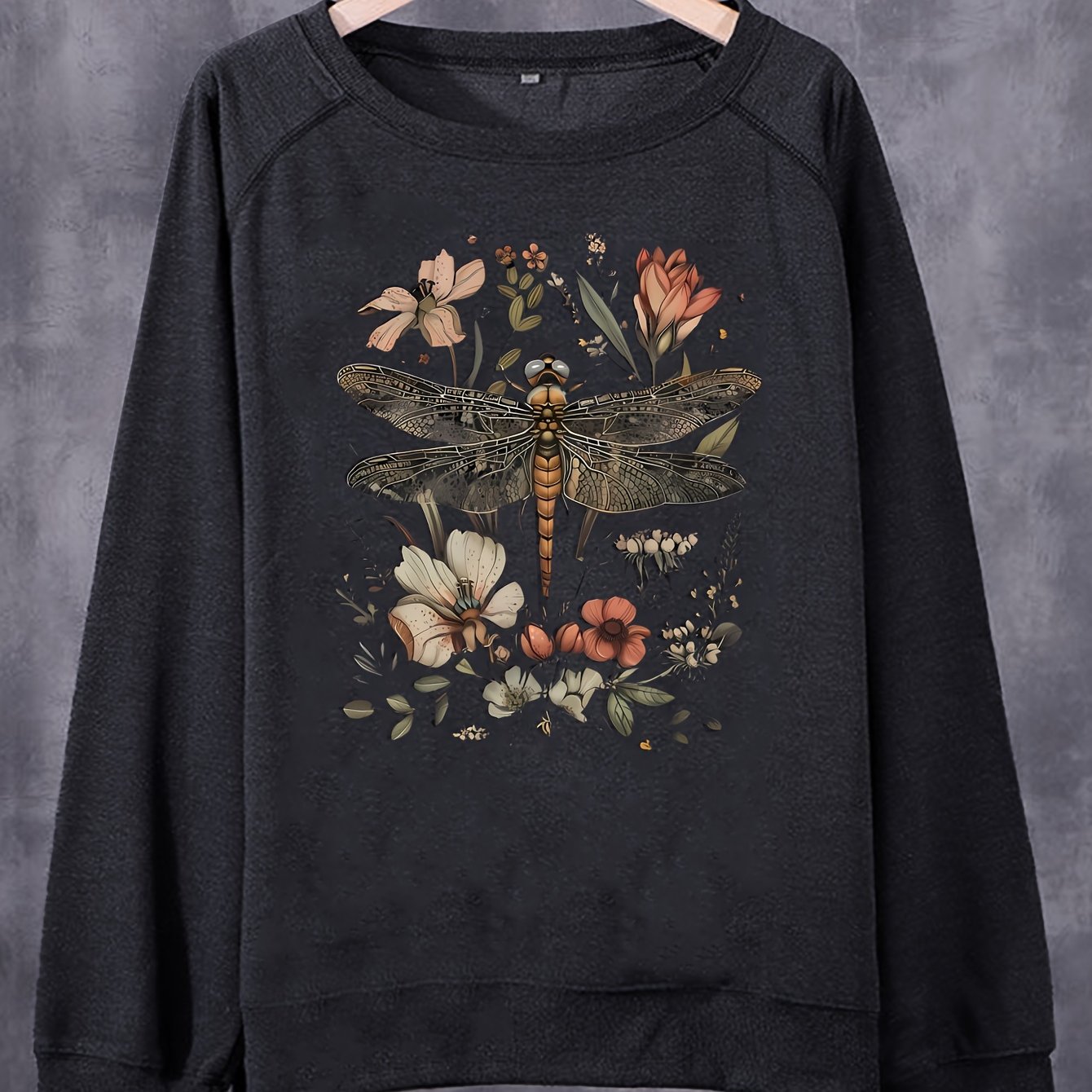 E-shop Damenvintage-Blumen-Libellen-Print Raglanärmel-Sweatshirt – Weicher Casual-Pullover mit Country-Core-Design, maschinenwaschbar, Herbst &
