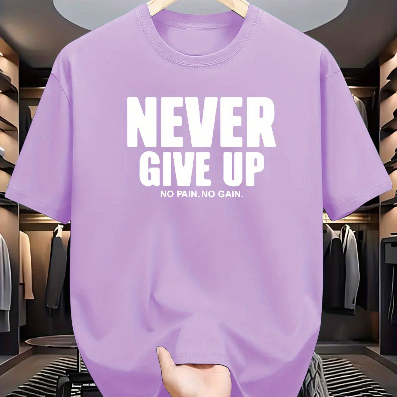 TEMU Men's 'never Give Up' Artistic Printed Patterns Solid Color T-shirt, Round Neck Short Sleeve Casual Soft Tops, For Outdoor Activities Summer