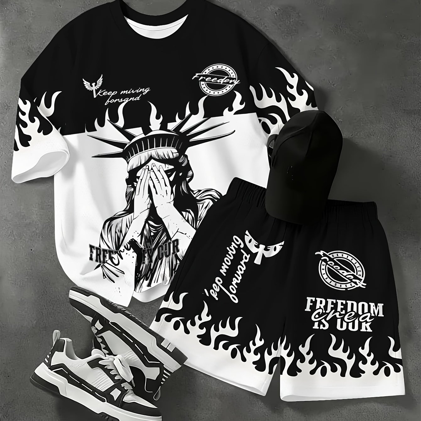 TEMU Men's Statue Of Print Loose 2pcs Set Short Sleeve T-shirt And Shorts Outfit