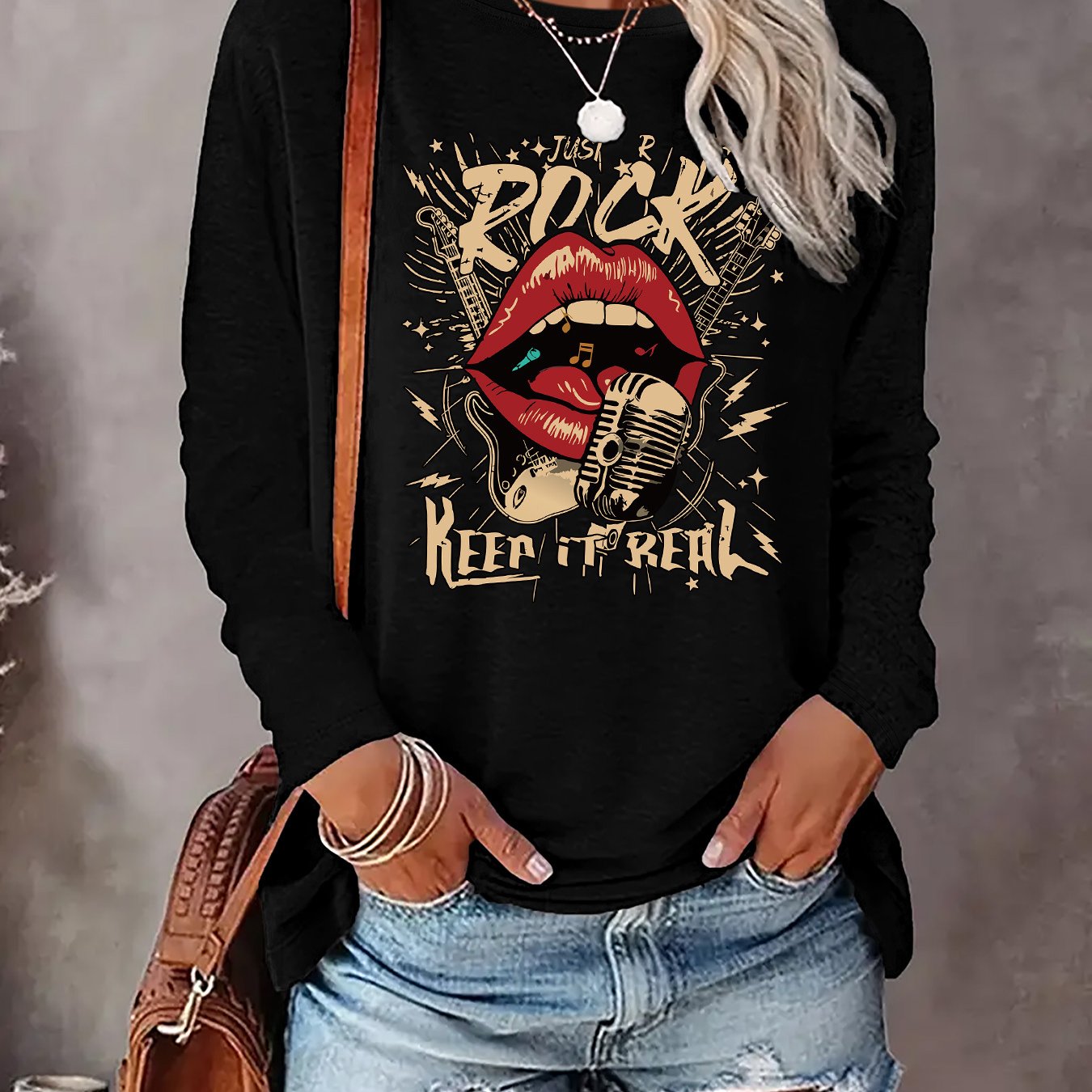 TEMU Women's Rock Graphic Long Sleeve T-shirt - Lips & Microphone Print Crew Neck Top, Casual Shirt For Concerts, Everyday Outfits - Machine Washable