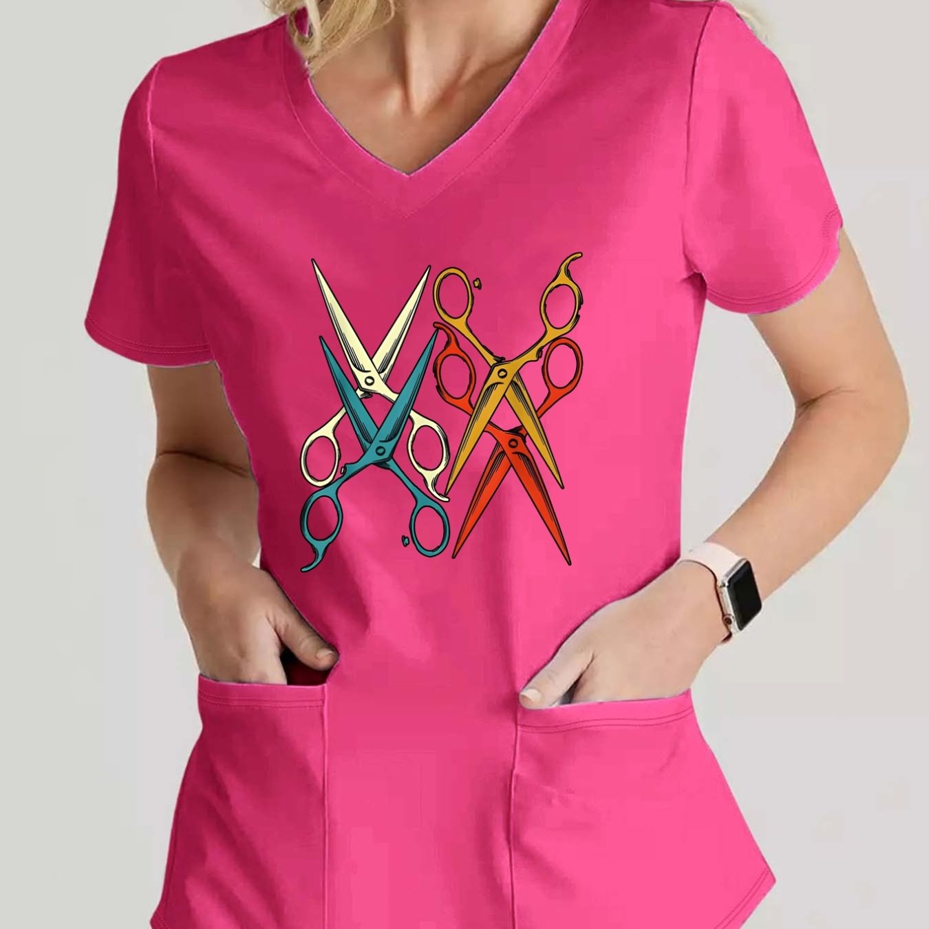 TEMU Women's V-neck Short Sleeve T-shirt With Scissors Print Top - Lightweight Stretch Suitable For Daily Wear, Uniforms & Vacation Outfits, Machine