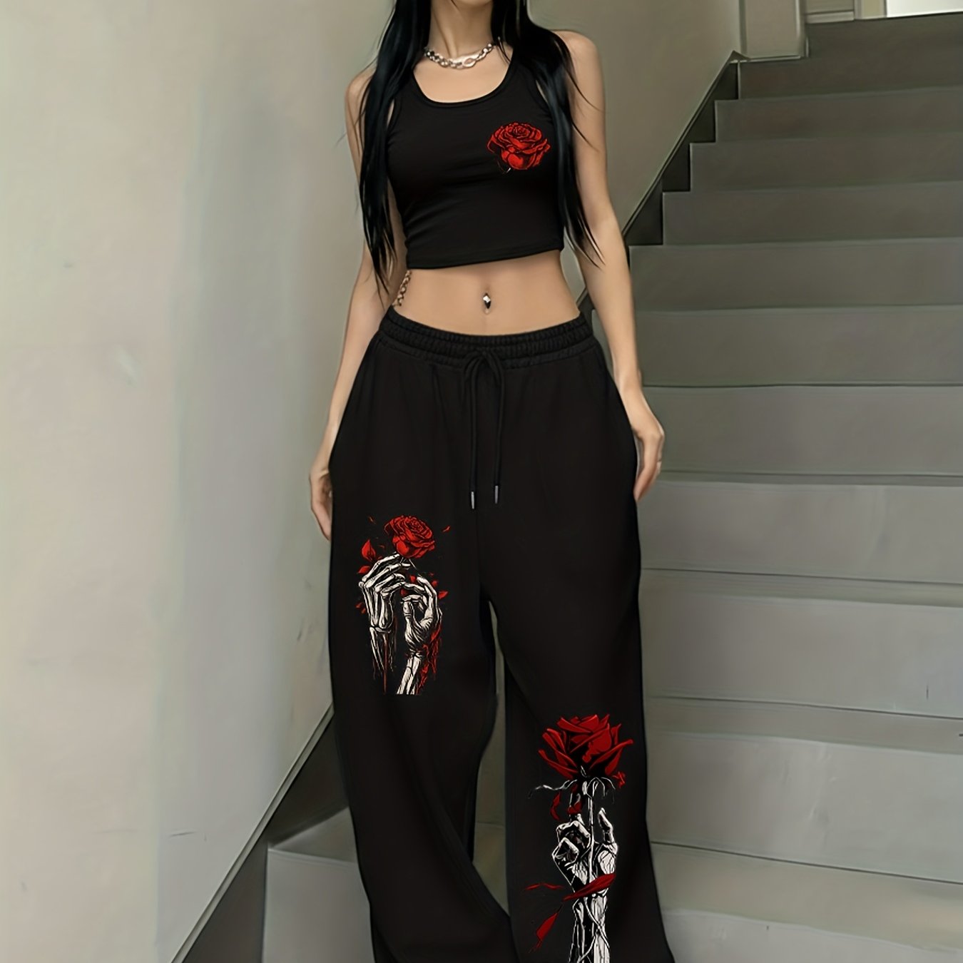 TEMU Women's Outfit, Featuring A Tank Top With A Skull Hand And Red Rose Print With Loose Drawstring Sweatpants, A Two-piece Set