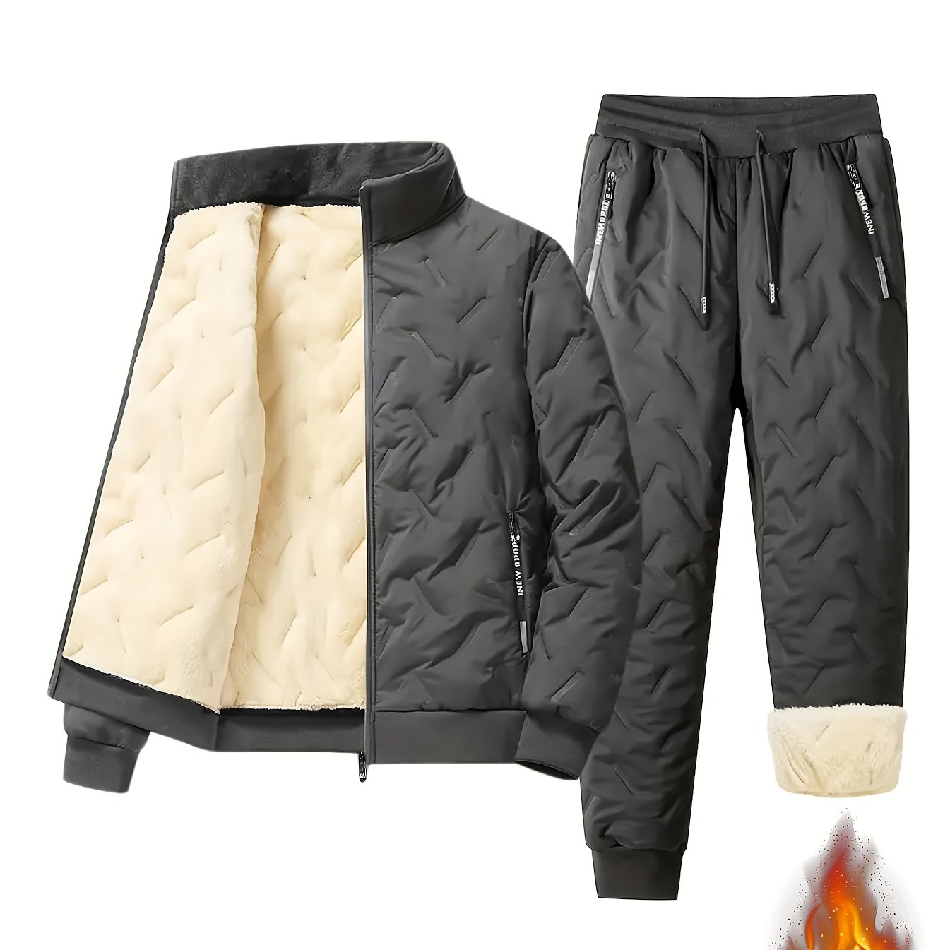 TEMU 2pcs Men's Casual Set Fleece Thickened Men's Jacket And Pants Heavyweight Thick And Bottom Winter Sports Casual Zipper Cardigan Jacket Fleece