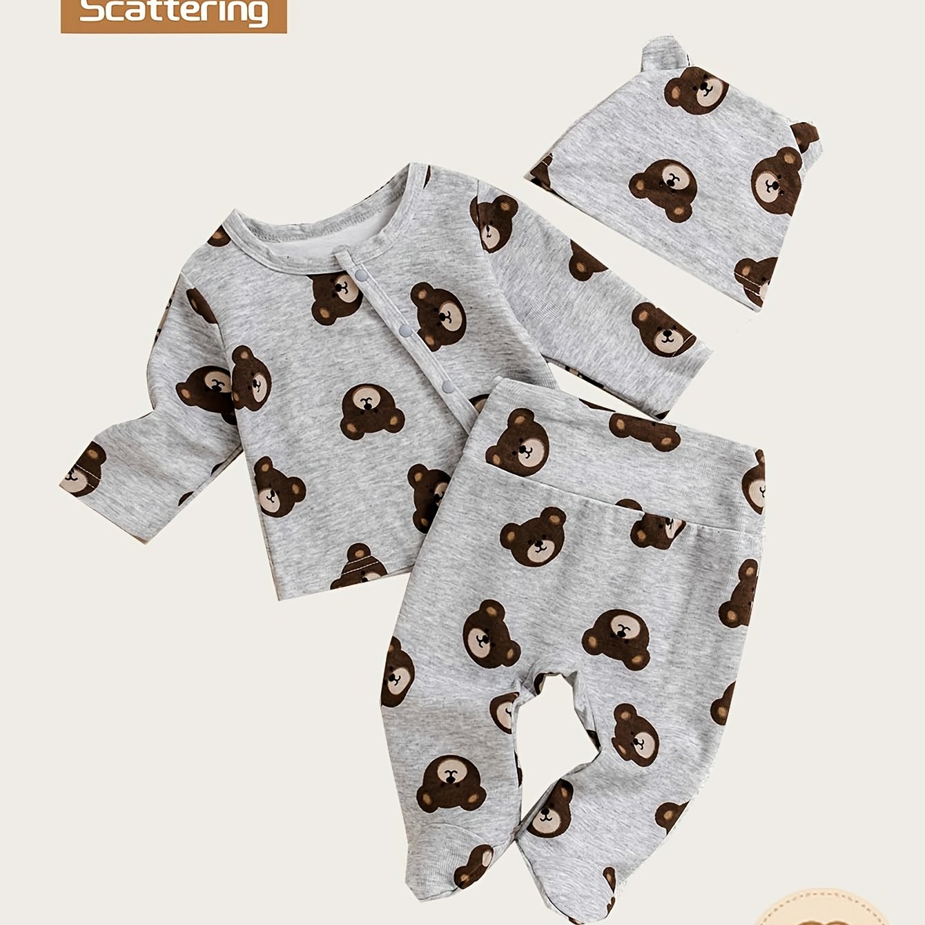 Boy's Bear Print Crew Neck Long Sleeve Button Top With High Waist Long Pants Footed Two-piece Set, For Outdoor