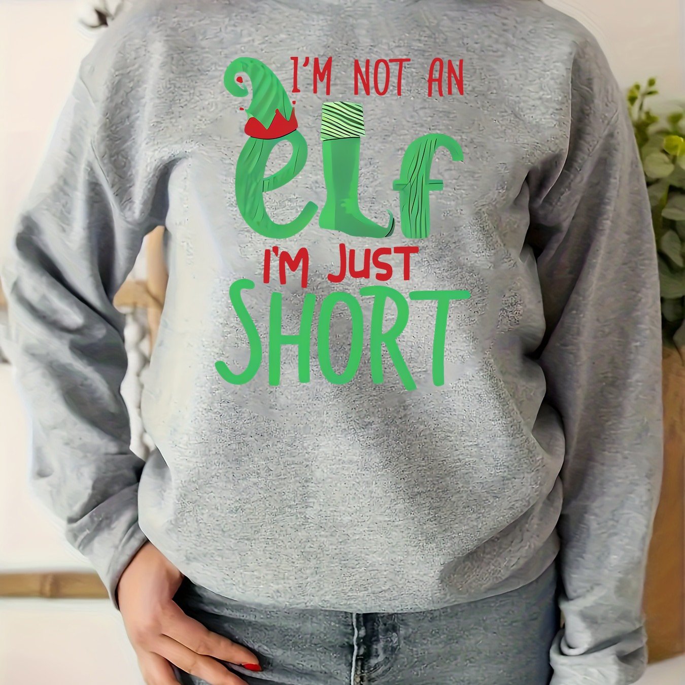 TEMU 1pc Festive Christmas Elf Graphic Pullover Sweatshirt For Women, Casual Crew Neck Polyester Knit With Stretch, - " An Elf I'm Just Short" Print