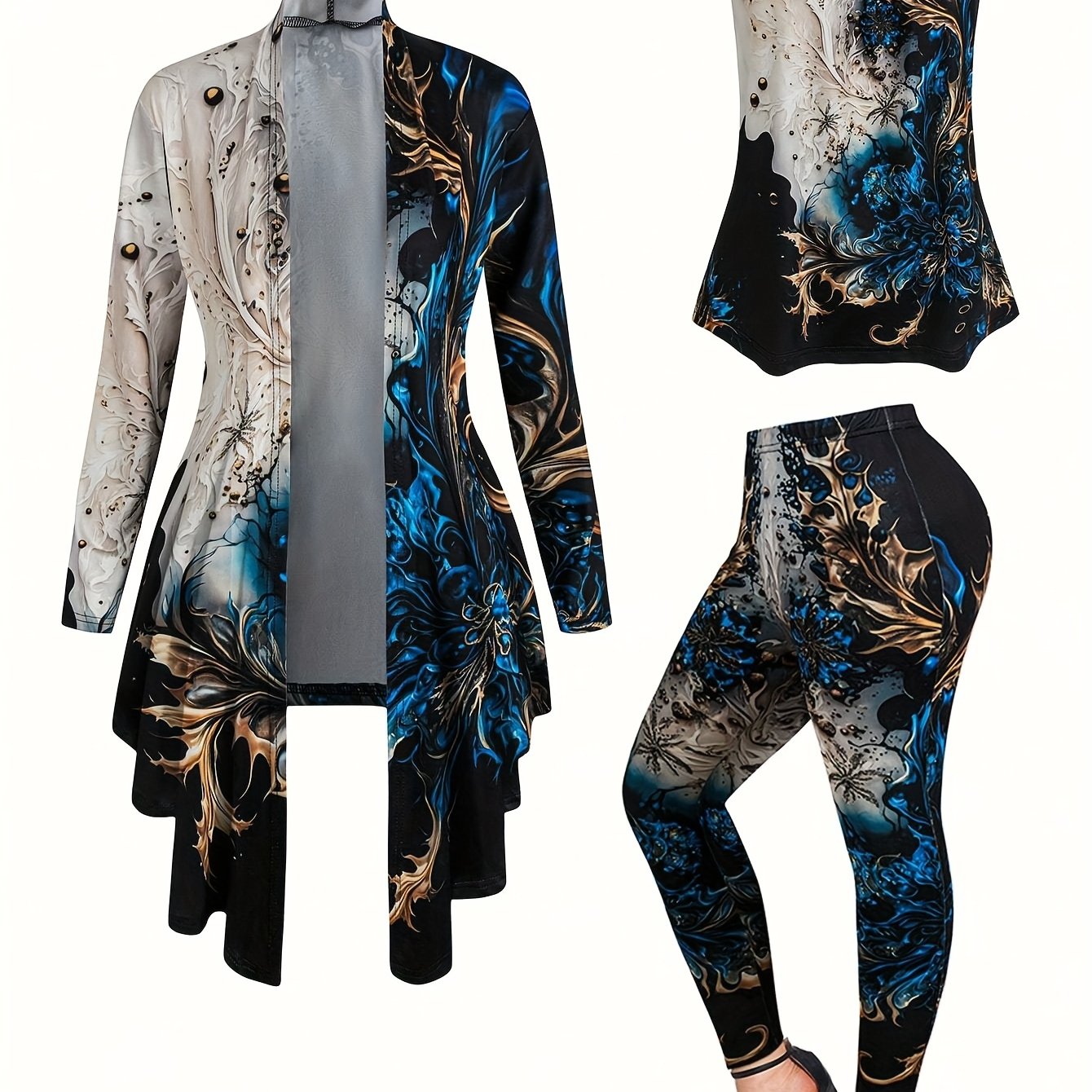 TEMU Women's Casual Floral Print Long Sleeve Asymmetrical Hem Coat, Cami Top And Leggings 3pcs Set