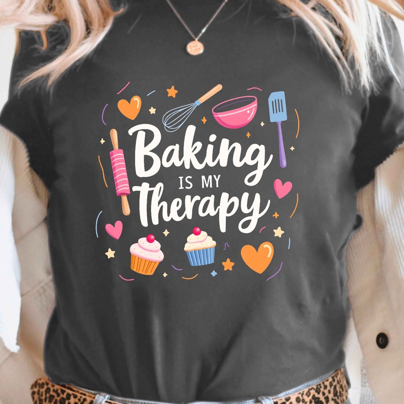 TEMU A Casual Short-sleeve Crew Neck T-shirt With A 'baking Is My Therapy' Print, Perfect For Spring And Summer, Designed For Women