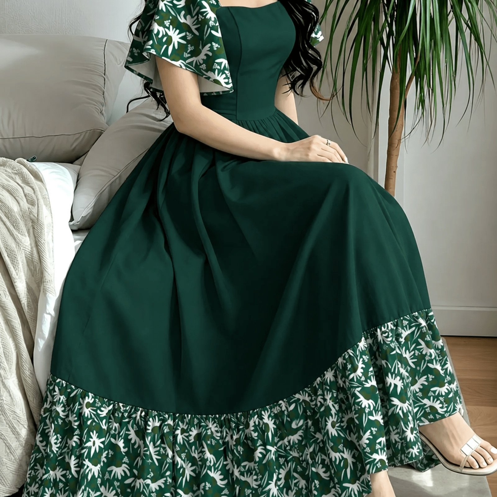 TEMU The Summer Floral-themed Elegant Resort-style Dress Features A Wing Print Design, Neckline And Short Sleeves, Is Equipped With A Waist-cinching
