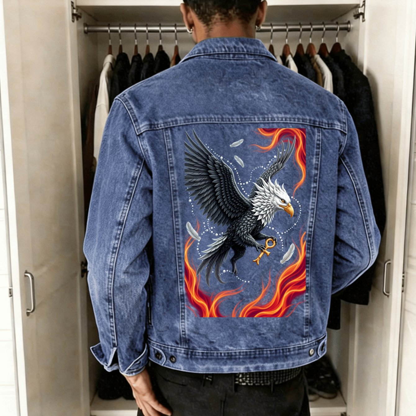 Image of Men's Denim Trucker Jacket Y2k Vintage Streetwear Eagle Orange Flames Stars Back Print Heavyweight Loose Fit Autumn Winter Outerwear Boyfriend Gift