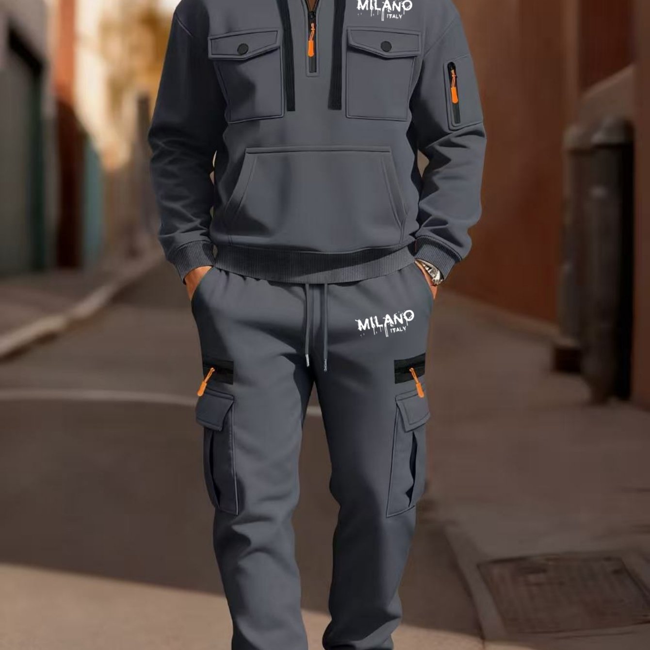 TEMU New Outdoor Casual Men's Workwear Set With Print, Comfortable Zip-up Cardigan And Tapered Pants Set