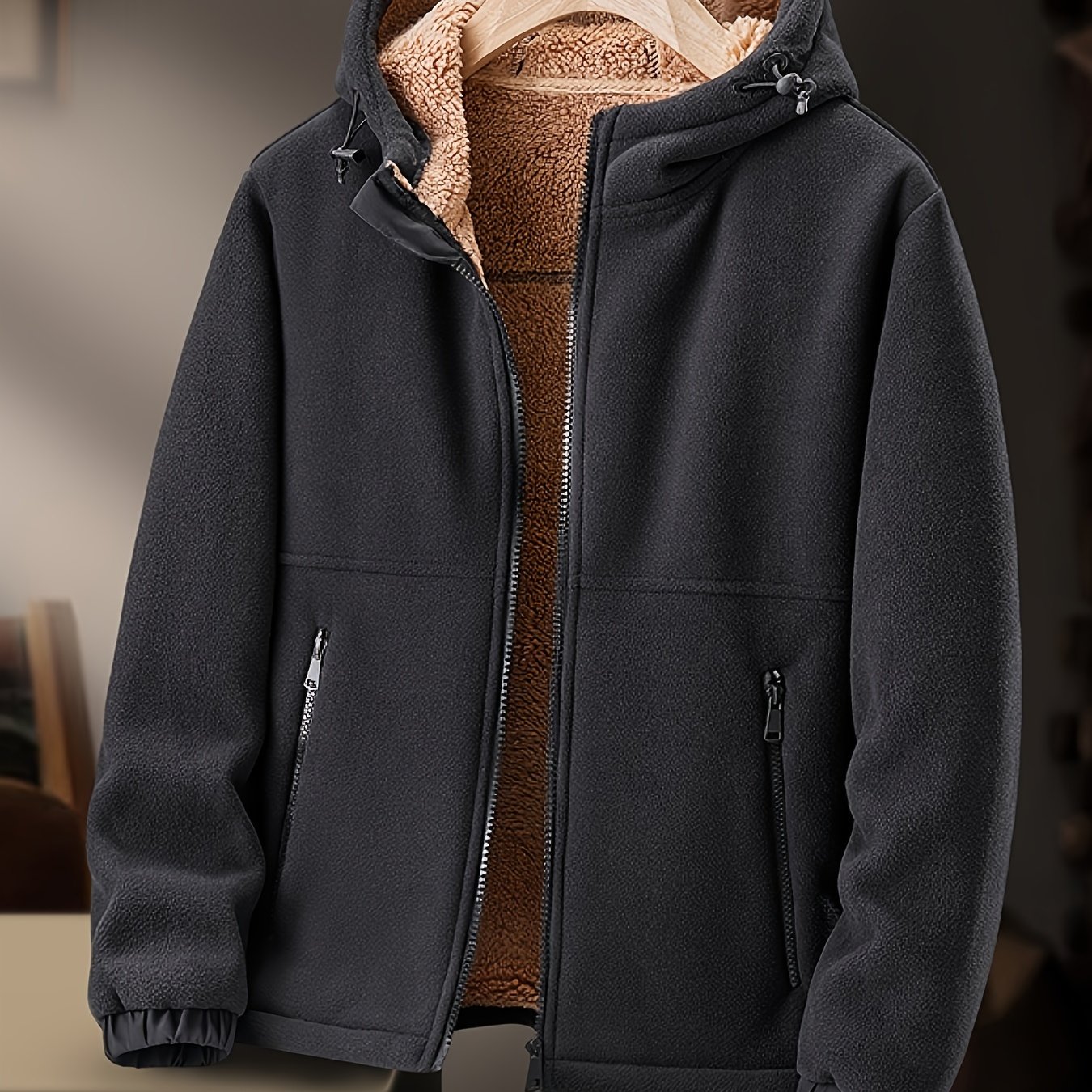 Men's Fleece-lined Hooded Jacket - Casual Zip-up Winter Coat With Pockets, Warm & Thick Sherpa Lining