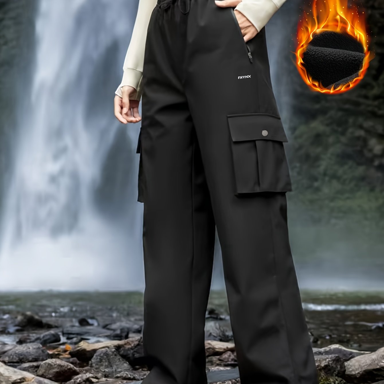 TEMU Women's Winter -lined Cargo Pants - Large-pocket Workwear Joggers With Thermal, Machine Washable Suitable For Hiking, , Gym & Casual Wear, Solid