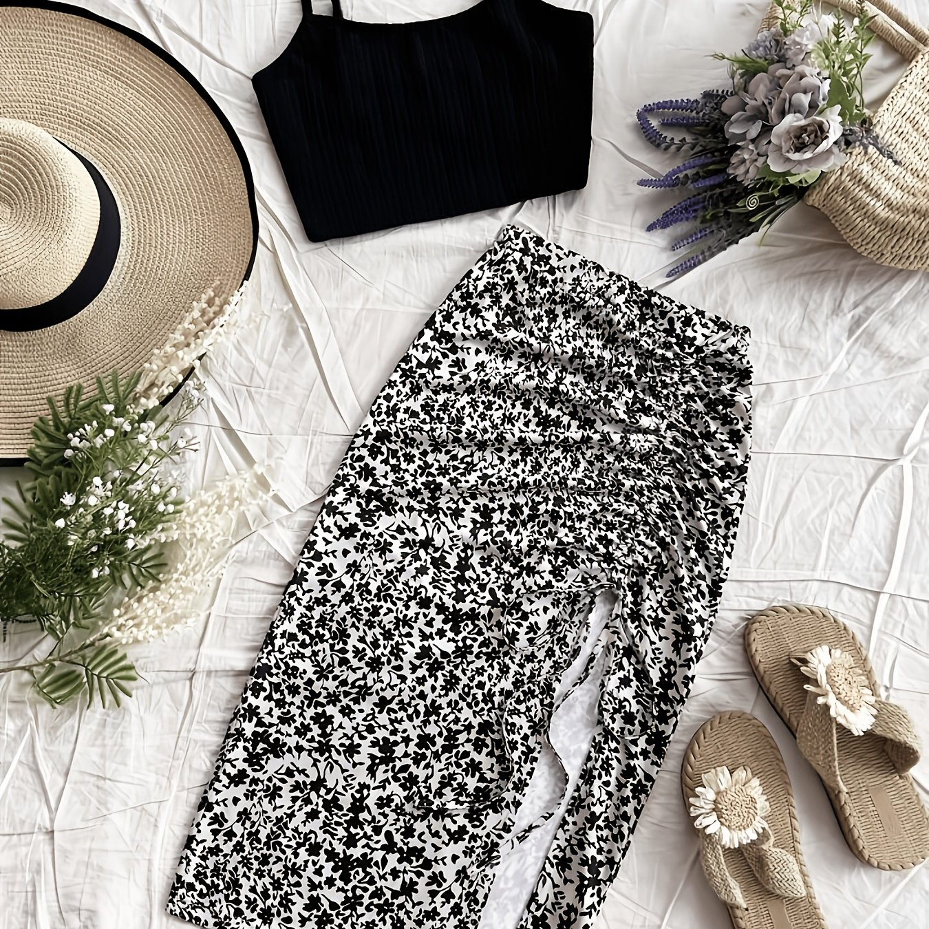 TEMU Jacquard Fabric Casual Vest Floral Print Slit Mini Skirt Set L8126