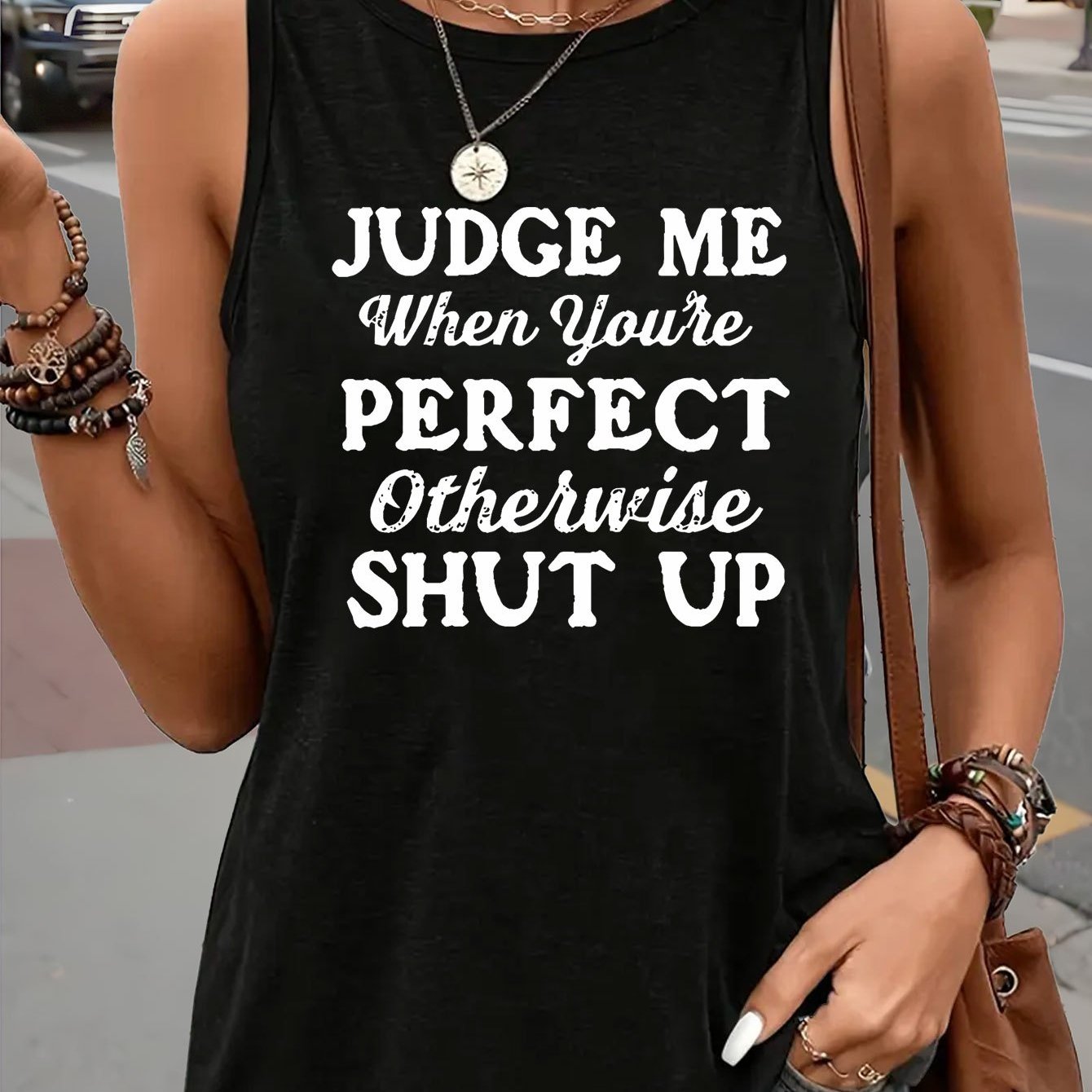 TEMU Elegant, Fashionable, Casual Women's Round-neck Sleeveless Vest - Fun Word Print Pattern, Comfortable, Skin-friendly, Breathable,
