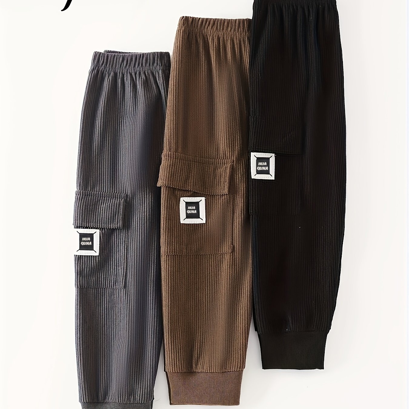 Image of 3pcs Of Boys' Corduroy Solid Color Sweatpants, Cargo Pockets, Casual, Comfortable And Fashionable Spring/autumn Outdoor Trousers, Multi-piece Combination Pc, For Outdoor, Christmas, Halloween