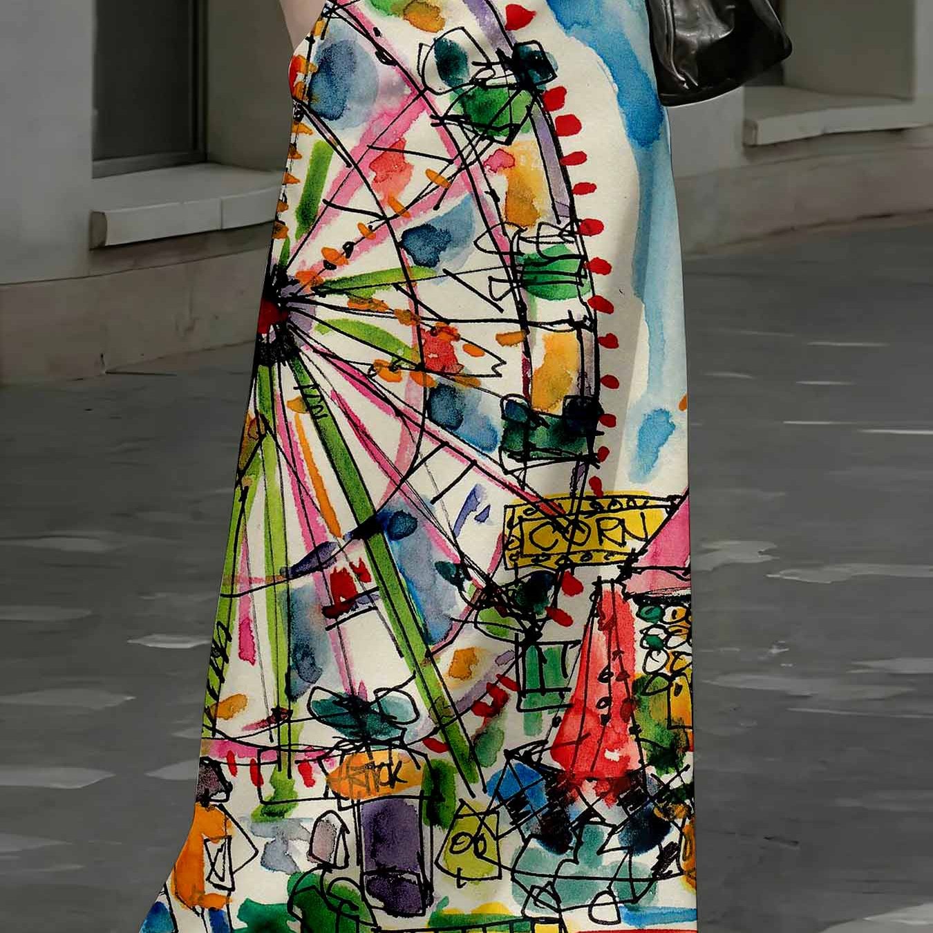 TEMU Colorful Wheel Print Maxi Skirt Artistic Streetwear Style Long Flowing Dress For Women Fashion Statement Piece Design Vibrant Pattern, Suitable