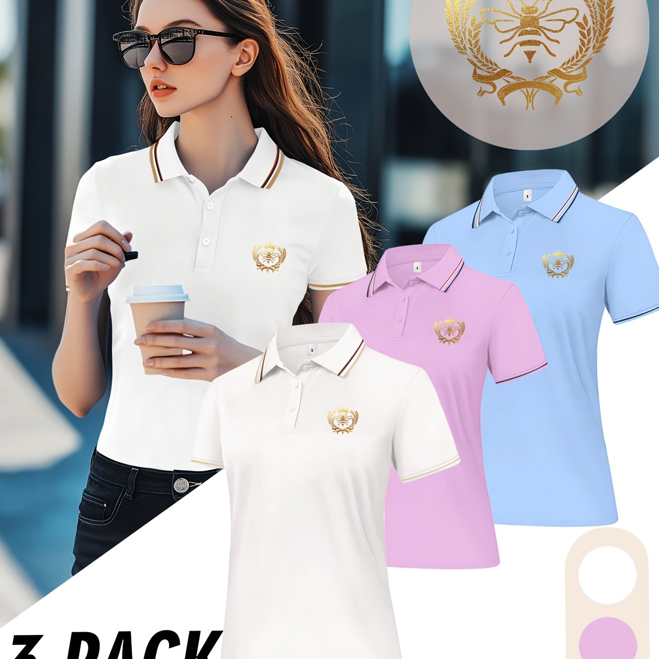 TEMU Set di 3 polo sportive da donna con stampa corona a forma di ape, per un look casual primaverile ed estivo