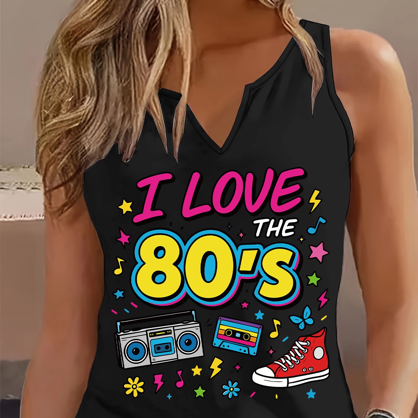 TEMU (052#) Women's Fashion Refreshing Tank Top, Vintage 80s Print Sleeveless Vest, Stylish And Unique V-neck Casual Versatile Top