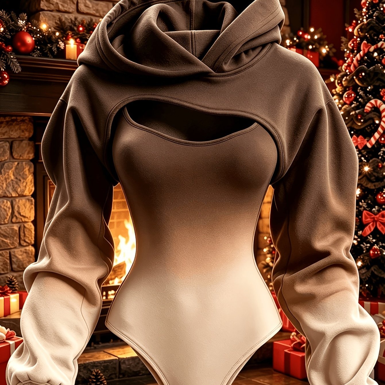Image of Women's Gradient Brown Two-piece Set, Long Sleeve Hooded Shawl Jumpsuit, Soft And Slim-fit Holiday Party Outfit, Hooded Jumpsuit Top
