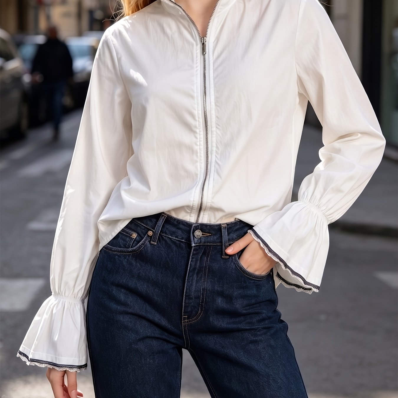 TEMU Elegant Special Women's Vintage Zippered Ruffle Bell Sleeve Shirt Zllz