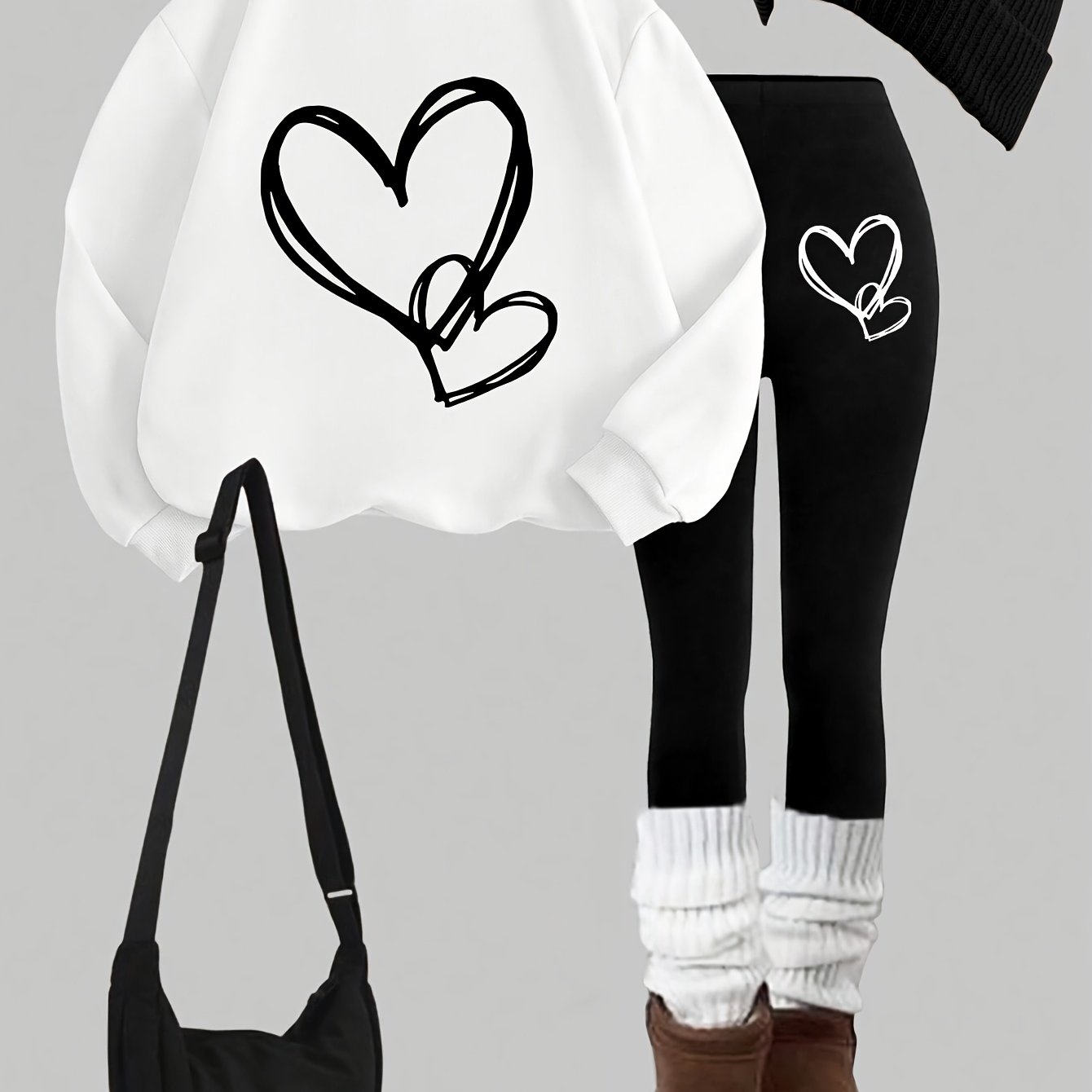 TEMU 0926gwen, 1 Set Of Casual Women's Sweatshirt Suit 2pcs Set, Heart Print, Round Neck Long-sleeved Sweatshirt, Long Leggings, Worn Alone Or As An