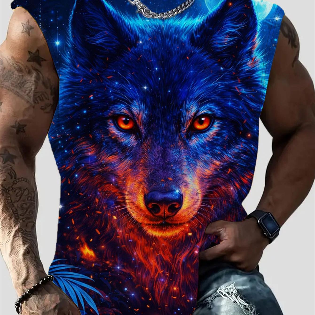 TEMU Men's Casual Tank Top Blue Wolf Print With Red Eyes And Starry Sky Pattern For Summer Gym Workout Streetwear Casual Daily Wear -printed Design -
