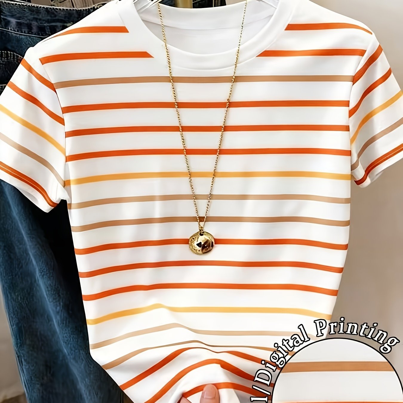 TEMU 2026 Style Full-width Striped Round Neck T-shirt Women's Casual Short Sleeve